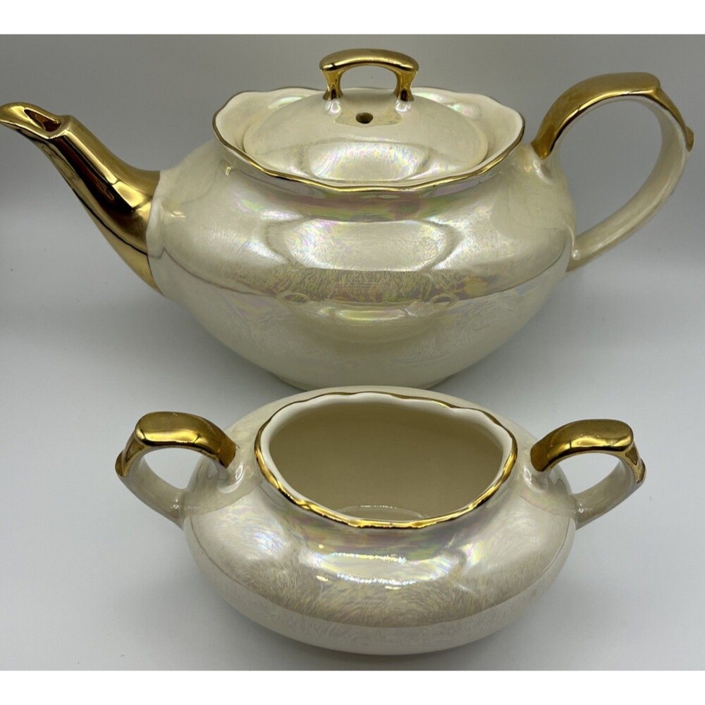 Vintage Lusterware teapot & sugar bowl iridescent pearl 22 karat gold accent